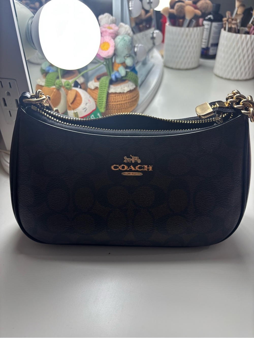 Coach Black Signature Canvas Shoulder Bag with Gold Hardware
